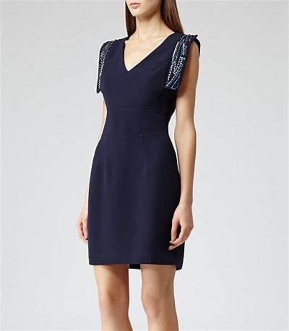 Reiss Navy Blue Riviera Sequin Short Sleeve Mini Cocktail Sheath Dress Size 0